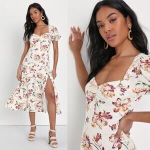 Lulus Parisian Picnic Cream Floral Jacquard Puff Sleeve Midi Dress